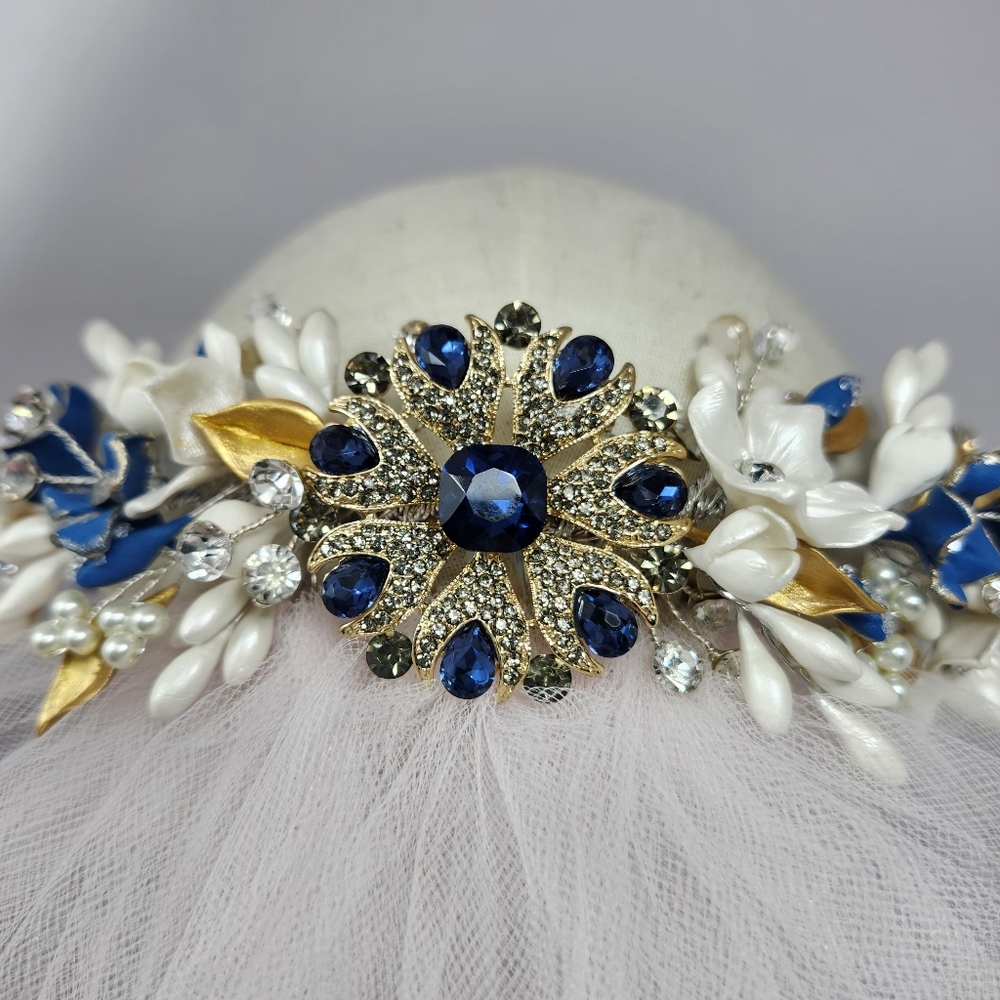 Elegant Blue and Gold Floral Headband - Picture 7 of 15